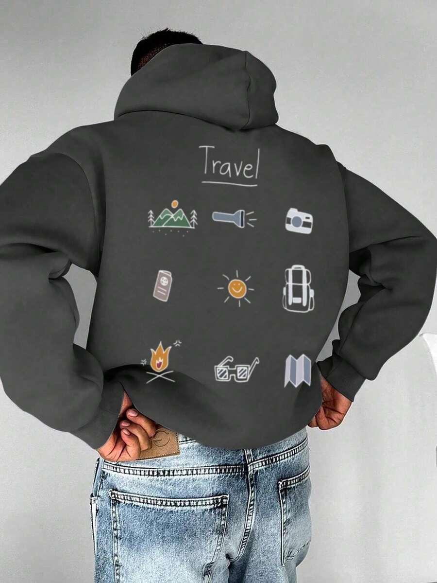 Men's Long-Sleeved Hoodie With Thermal Lining, Featuring A Print Of Forest Camping Elements And Outdoor Landscapes, Autumn/Winter - 深灰色 - 查看 1