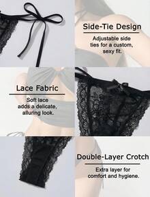 Aivtalk Women's Panties With Side Ties, Lace Thong With Bow, Adjustable Underwear, Sheer Low-Rise Thong, Size S - 黑色 - 查看 2