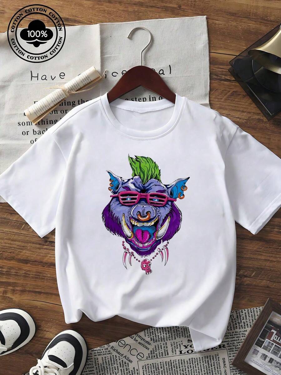 Unisex Pure Cotton Oversized Short Sleeve T-Shirt Casual Summer Cartoon Monster Print Round Neck Tee - 樣式1 - 查看 1