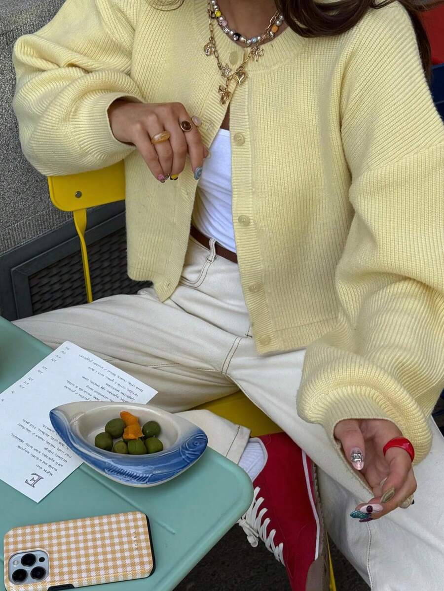 Women's Butter Yellow Loose Knit Cardigan, Button Front, Short Length Round Neck Long Sleeve, Perfect For Autumn/Winter Daily Wear Fall - Yellow - View 1