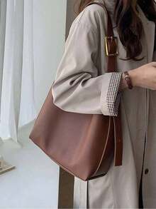 Women's Vintage Large Capacity Tote Bag, PU Leather Hobo Shoulder Purse, Minimalist Handbag For Work, Travel & Daily Use - 咖啡棕 - 查看 1