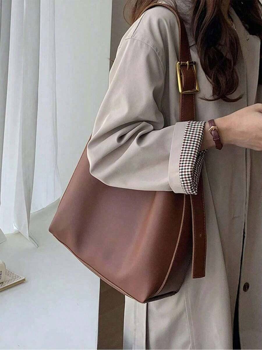 Women's Vintage Large Capacity Tote Bag, PU Leather Hobo Shoulder Purse, Minimalist Handbag For Work, Travel & Daily Use - 咖啡棕 - 查看 1