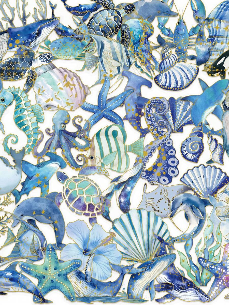 50pcs Ocean Creature Stickers With Gold Foil, Suitable For Laptop, Scrapbook, Journal, Water Bottle, Guitar, Helmet And Other DIY Decorations - 1 Set - View 1