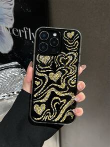 1pc Luxury Super Shiny Rhinestone Digital Phone Case, Heart-Shaped Phone Case, Mirror Decor Phone Case, Shockproof Phone Case, Compatible With IPhone 12/13/14/15/16/17 Series, Thanksgiving And Valentine's Day Surprise - Gold - View 6