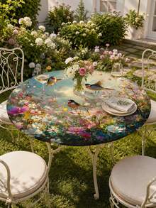 1pc-Spandex Fitted Tablecloth, Colorful Bird Garden Elastic Stretch Table Cover With Floral Meadow Print, Soft Wrinkle Resistant Snug Fit Tablecloth For Round And Rectangular Tables, Outdoor Patio Dining And Spring Party Decor - Multicolor - View 13