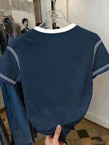 Top décontracté pour femmes à motif blocs de couleurs, T-shirt décontracté à col rond, convient pour le port décontracté au printemps et en été - Bleu gris - Voir 2