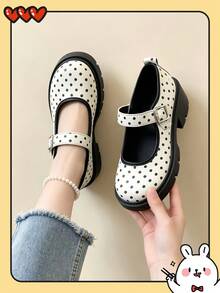 Black Mary Jane High Heels Women's 2024 Summer New Shoes Versatile College Style Thick Sole Shoes/Polka Dot Thick Sole Mary Jane Shoes Women's Height Increasing Leather Shoes Japanese JK Style Single Strap Round Toe Low Vamp Versatile Shoes - Black and White - View 2
