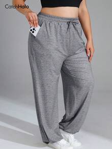 Plus Size Women Loose Casual Pants, Elastic Waistband, Drawstring, Pockets, Soft, Wide Leg, Suitable For Fitness & Yoga Sports Fall - Grey - View 9