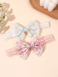 2件組馬卡龍色蕾絲嬰兒髮箍，刺繡花朵網紗幼兒嬰兒新生兒彈性尼龍髮帶，嬰兒髮飾 - 彩色 - 查看 2