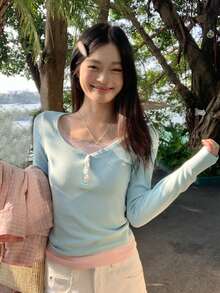 Women's 2-In-1 Lace Trim Long Sleeve T-Shirt, Early Spring Korean Style Slim Fit Cropped Base Layer Top Casual Vacation - Picture Color - View 3