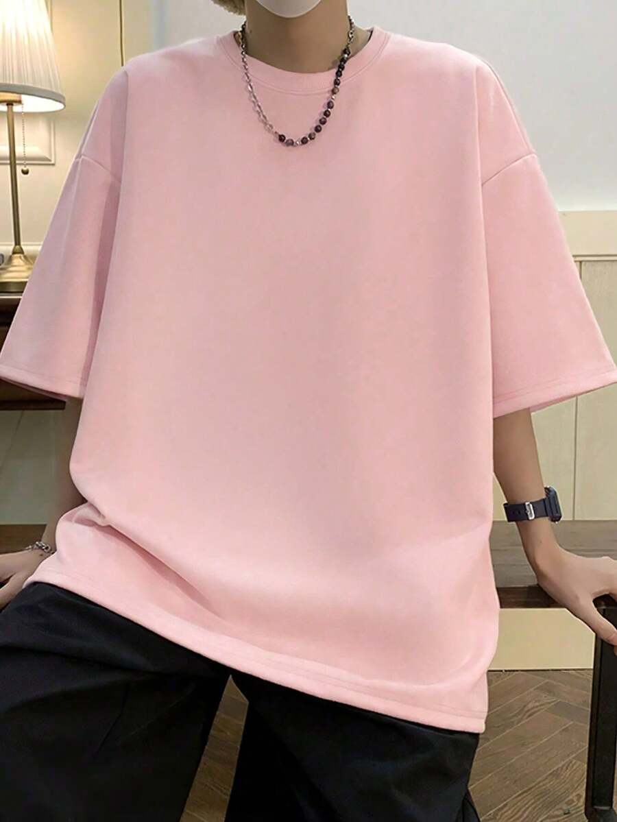 HUEFORM Men's Casual Solid Color Crew Neck Short Sleeve T-Shirt With Loose Fit - 粉色 - 查看 1