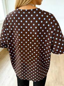 Camiseta de mujer de manga corta y cuello redondo de unicolor con estampado de lunares elegante y versátil, ideal para el estilo de viaje, vacaciones y playa - Negro - Ver 1