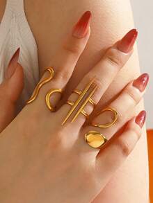 3pcs Stainless Steel 18K Gold Plated Minimalist Fashion Geometric Line Rings Set Suitable For Women's Daily Wear - Multicolor - View 1