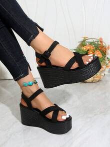 Women's Fashion Wedge Platform Sandals, Spring/Summer New Black High Heel Sandals, Lightweight And Comfortable - Suitable For Shopping, Vacation, Travel, Casual Daily Wear, Women's Buckle Strap Sandals - Black - View 5