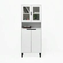 Tall Bookcase With Tempered Glass Door And Adjustable Shelf, 4 Doors, Lacquered MDF Furniture, Black, Storage For Living Room And Bedroom - White - View 1
