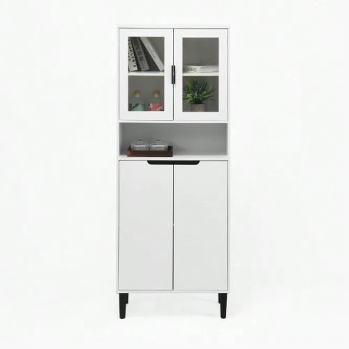 Tall Bookcase With Tempered Glass Door And Adjustable Shelf, 4 Doors, Lacquered MDF Furniture, Black, Storage For Living Room And Bedroom - White - View 1