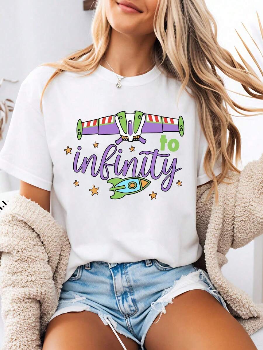 Camiseta Estampada Para Mujer Con Un DiseñO Minimalista De La Nave Espacial De Buzz .Esta Camiseta De Verano De, Verano Y2K Blusa,Temporada De Graduaciones Playeras Ropa De Mujer - Blanco - Ver 1
