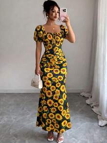 Full Body Print Bohemian Elegant Beach Vacation Dress Women Spring Autumn Sunflower Floral Dress White Background Sunflower Ruched Square Neck Summer - Black - View 3