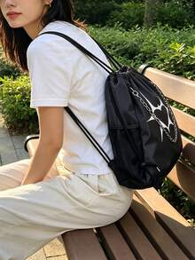 2026 小眾韓日風時尚新款愛心甜酷抽繩後背包 大容量尼龍束口包 健身包 百搭款（不含配件） - 黑色 - 查看 3