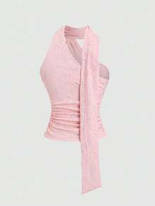 Romantic Chiffon Top For Women With Halter Neck And Open Back, Soft And Cool For Summer Beach - Rosa - View 3