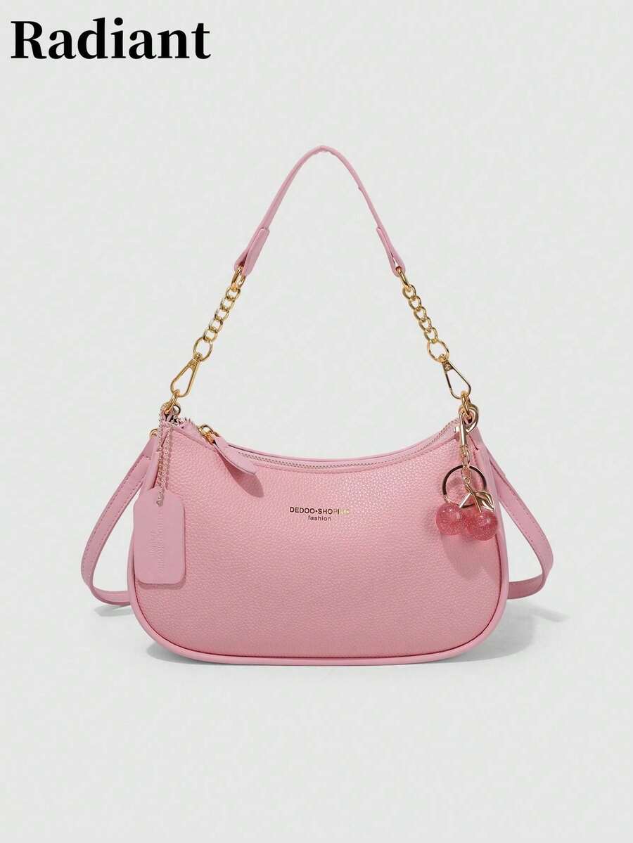 2025 Crescent-Shaped Shoulder Bag, New Fashionable Classic And Versatile Design With Letter Pattern Decoration, Solid Color, Waterproof PU Material, Handbag And Shoulder Bag, Suitable - 卡其色 - 查看 1
