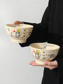 1pc/2pcs Cute Creamy Color Cartoon Goodnight Puppy Print Ceramic Bowl, Ins Korean Style Healing Cute Girl Heart Rice Bowl, Home Glazed Underglaze Tableware, Single Person Rice Yogurt Cereal Fruit Salad Bowl, Student Dorm Rice Bowl, Cute Girl Heart Daily Home Gift Tableware - Multicolor - View 6