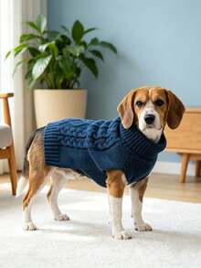 1pc High Elasticity Dog Sweater, Soft Knitted High Neck Pet Winter Clothing, Classic Cable Knit Puppy Pullover, Suitable For Small, Medium And Large Dogs - Navy Blue - View 7