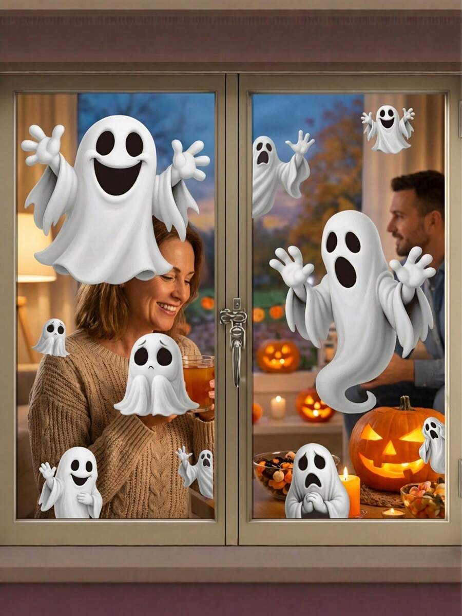 PVC Static Cling Cartoon Halloween Ghost Window Decal - Static Adhesion, No Damage To Glass, Removable And Reusable, Ideal For Halloween Party Decoration And Store Window Display. Good Light Transmission, Vibrant Colors, Cute Pattern, Perfect Decorative Sticker For Halloween Party And Themed Store. - Multicolor - View 1