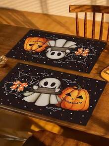 1 pieza Mantel individual con patrón de calabaza de Halloween y gato negro, adecuado para decoración de fiesta de Halloween, mantel de mesa para cena familiar, decoración de mesa de postres de fiesta, mesa de evento festivo y decoración de restaurante con temática de sala de escape - Talla única - Ver 4