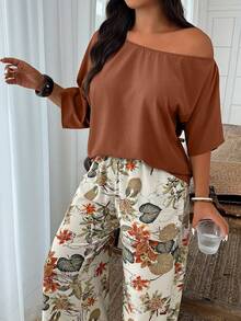 Weeklong Conjunto holgado de blusa asimétrica de hombro sólida y pantalones anchos de pierna ancha con estampado floral para mujer de talla grande - Multicolor 20 - Ver 2