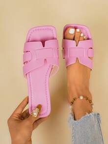 2026 Summer New Women's Square Toe Open Toe H-Strap Sandals, Soft Sole Mule Sandals, Vacation Style Women's Summer Sandals, Comfortable Women's Sandals, Slouchy Slip-On Women's Sandals, Fashionable Cute Women's Flat Sandals, Women's Vacation Sandals, Women's Pink Sandals, Elegant Women's Sandals, Simple Comfortable Daily Casual Flat Beach Shoes, Soft Sole Plus Size Women's Beach Sandals - Pink - View 3