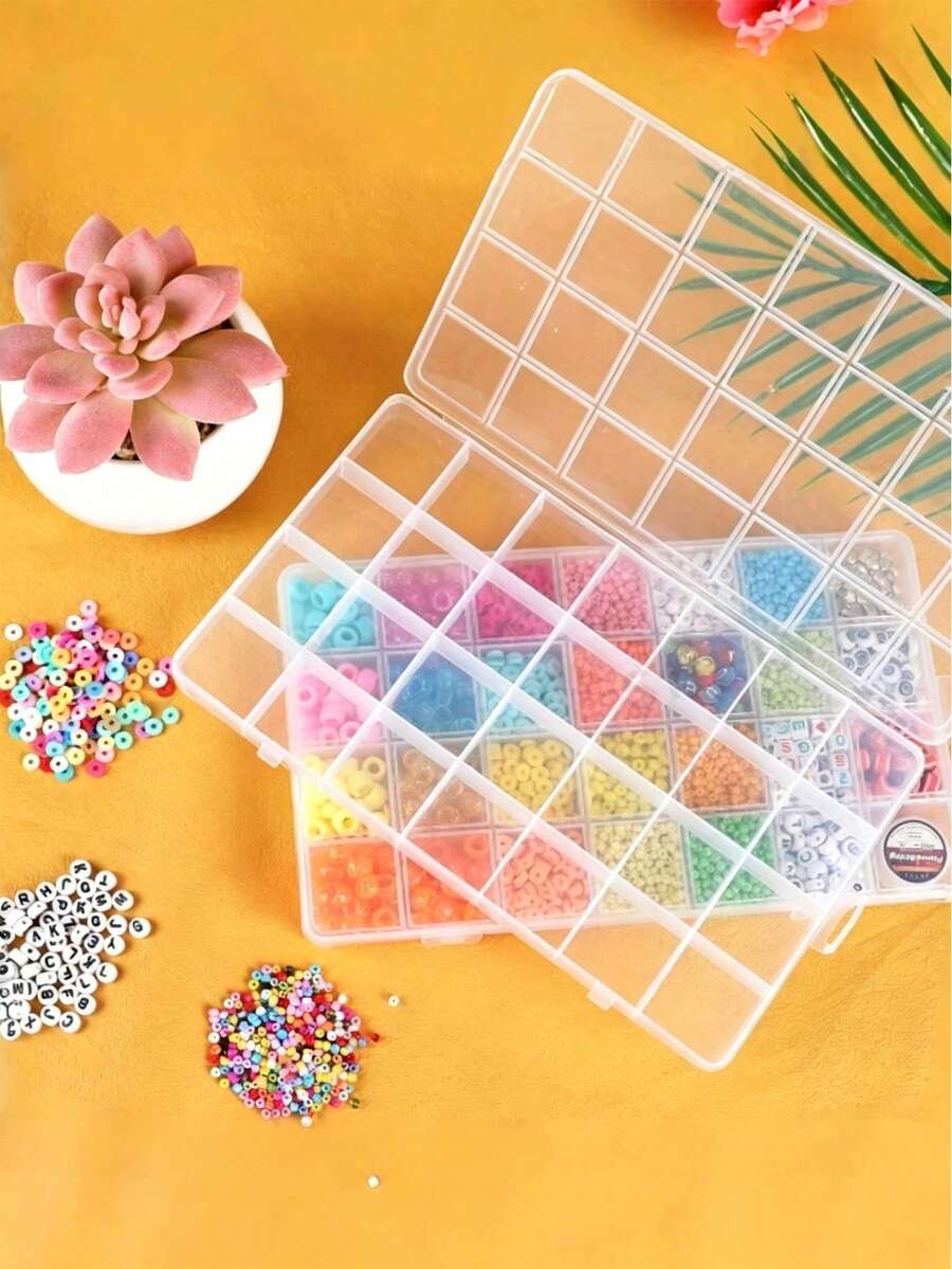 1pc 28-Grid Rectangular Plastic Jewelry Box, Multi-Compartment Storage Container, Earrings Beads Craft Organizer Display Case, Portable Jewelry Storage Solution For Women Girls Accessories Organization - Multicolor - View 1