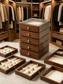 5 Drawer/Extra Large 5-Layer Wood Grain Jewelry Storage Box, Transparent Acrylic Top Cover Jewelry Organizer, Suitable For Earrings, Rings, Necklaces - Coffee Brown - View 6