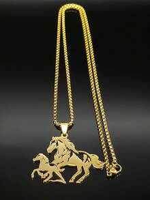 Horse Pendant Necklace For Men, Stainless Steel Double Horse Charm Necklace, Equestrian Animal Pendant Chain Jewelry Gift - Silver - View 2
