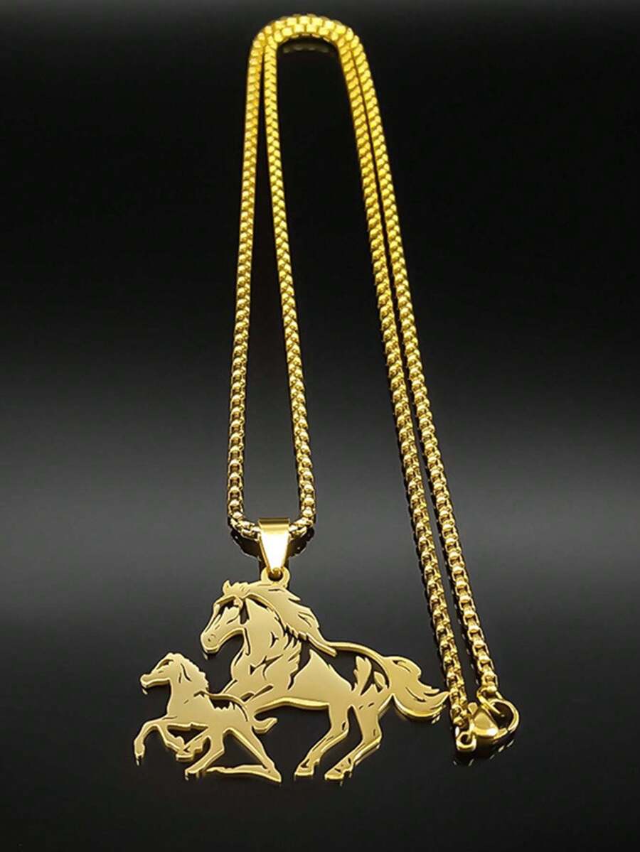Horse Pendant Necklace For Men, Stainless Steel Double Horse Charm Necklace, Equestrian Animal Pendant Chain Jewelry Gift