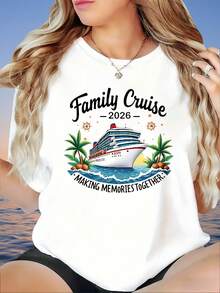 Family Crossing 2026 Creating Memories Together Loose Fit White T-Shirt With Boat And Palm Tree Print For Vacation, Summer Y2K Blouse, Graduation Season Beachwear Women's Clothing - 白色 - 查看 1