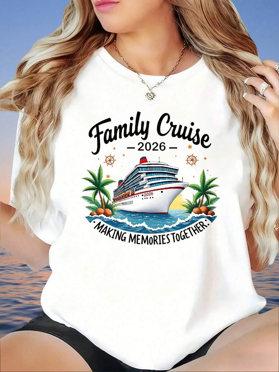 Family Crossing 2026 Creating Memories Together Loose Fit White T-Shirt With Boat And Palm Tree Print For Vacation, Summer Y2K Blouse, Graduation Season Beachwear Women's Clothing - 白色 - 查看 1