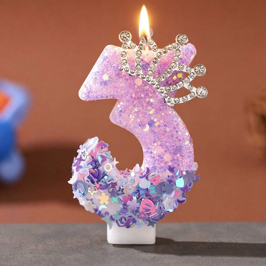 1pc Glitter Crown Number Birthday Candle 0-9, Purple Sequin Cake Topper Decoration, Sparkle Rhinestone Tiara Candle For Birthday Party & Anniversary Celebration, DIY Cake Decor Party Supplies - Purple - View 1