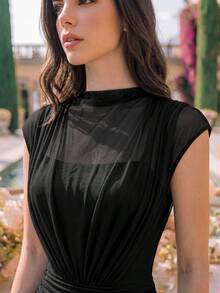 MIUSOL Elegant Half Collar Ruched Waist Mermaid Hem Formal Party Long Dress,Evening Gown,Wedding Guest Dress,Bridesmaid Dress,Graduation Dress Summer Black - Black - View 8