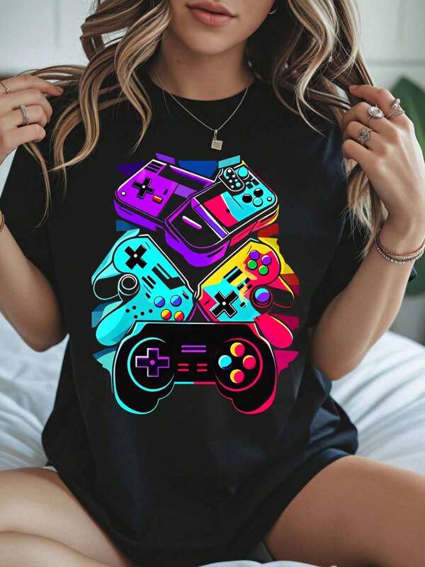 Camiseta Gráfica Suave y Colorida con Controles de Videojuegos para Mujer, Ropa Casual, Diseño Divertido de Videojuegos, Top de Moda Urbana, Camiseta Unisex de Talla Grande, Camiseta Básica