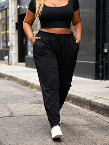 Plus Size Women's Casual Sweatpants With Pockets And Drawstring, Loose Fit, Black Color, Sporty Style Sports Fall - Black - View 5