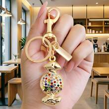 1pc Gold Plated Colorful Rhinestone Candy Keychain Sparkling Crystal Bag Charm Women Fashion Car Key Chain Jewelry Gift - Multicolor - View 3