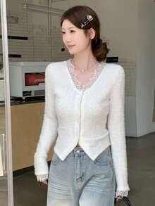 Soft Feminine Lace Patchwork V-Neck Knit Cardigan Women's Autumn/Winter Soft Fluffy Slimming Top - White - View 6