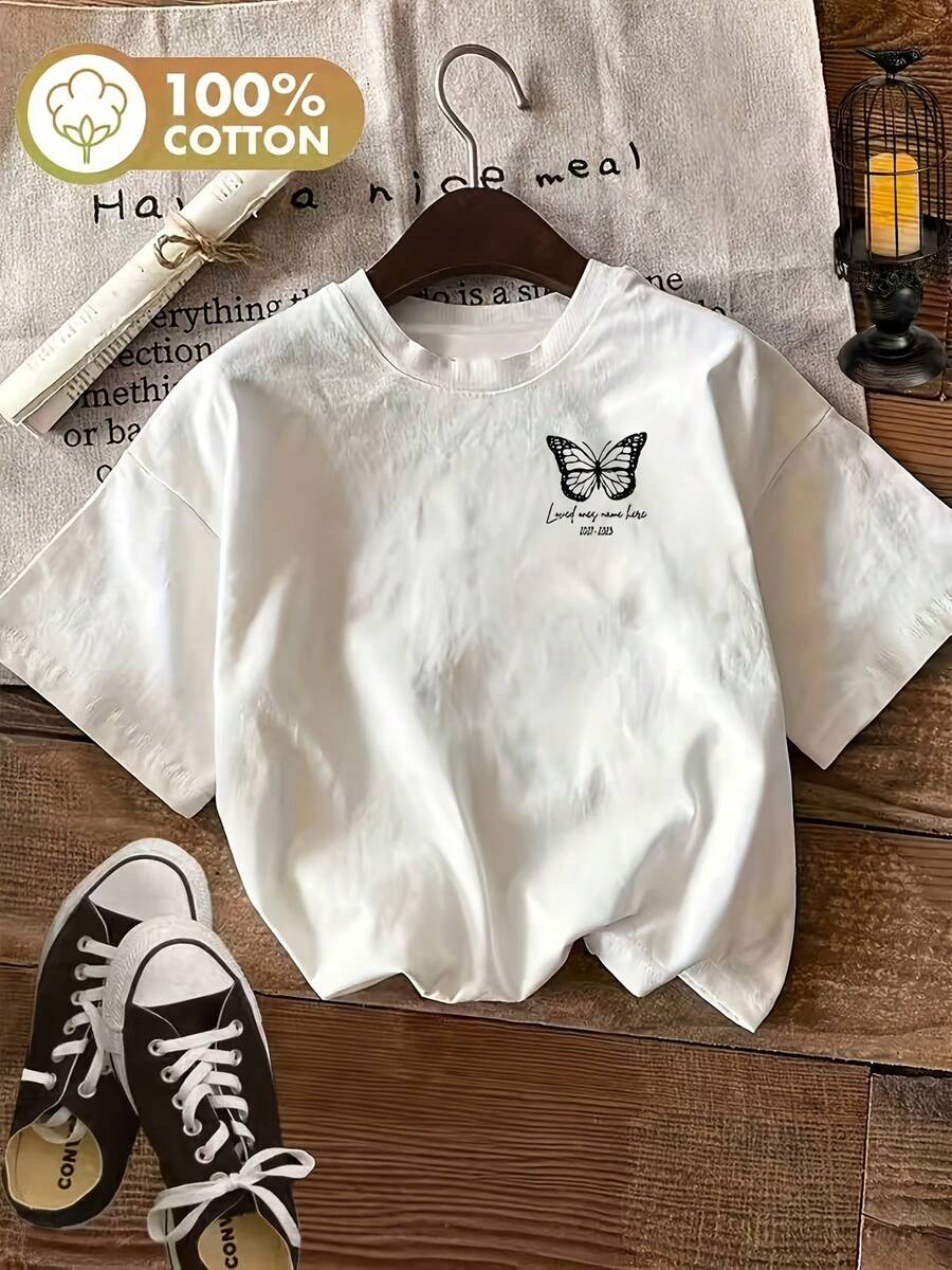 Soft 100% Cotton T-Shirt, Short-Sleeved Summer T-Shirt, 100%; Butterfly Print; Comfortable Casual Short-Sleeved Top; Soft Top; Breathable Women's Top; Short-Sleeved Top - 白色 - 查看 1