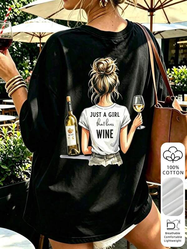 1件女款100%純棉復古花卉背印寬鬆大碼T恤，透氣舒適Y2K風格休閒上衣，黑色