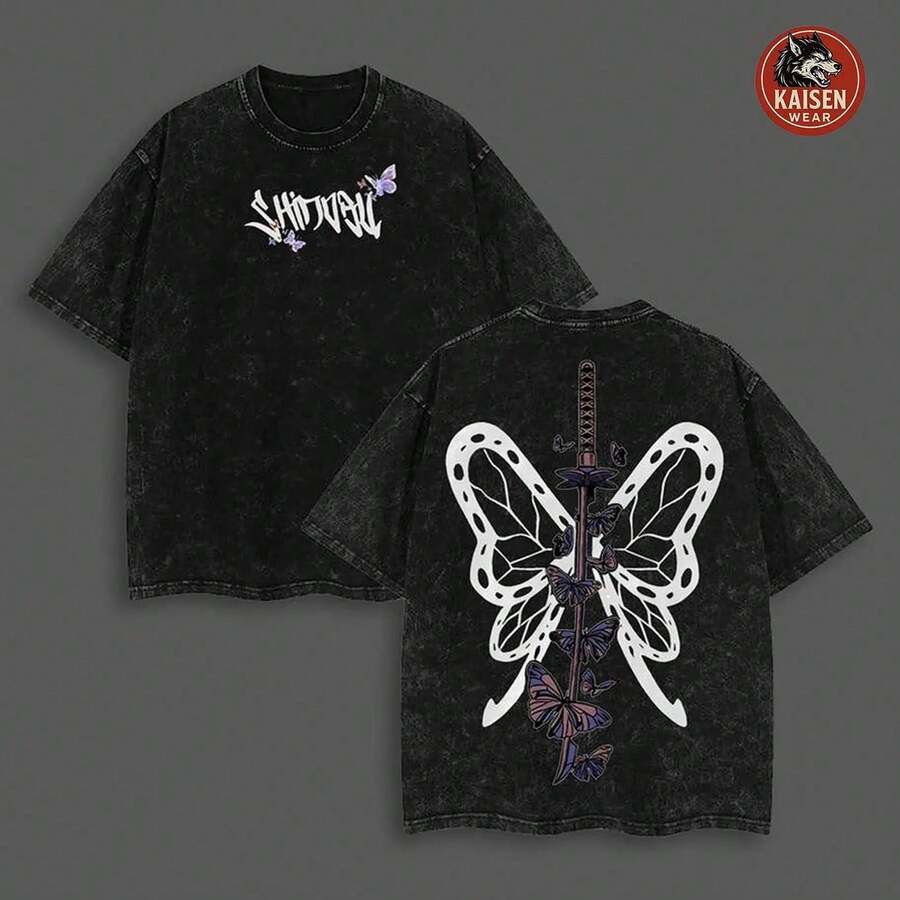 Camiseta con estampado de anime  Kimetsu no Yaiba Shinobu Koibana para hombre, de algodón puro grueso, agradable al tacto, estilo para parejas, regalo moderno, cuello redondo hol - Negro - Ver 1