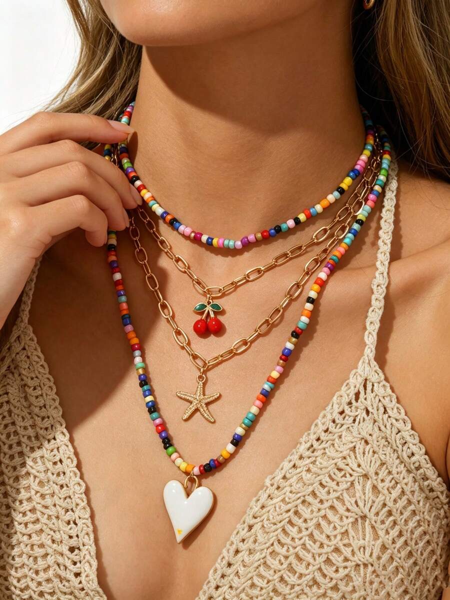 JOJELOO 1pc Bohemian Multi-Color Beaded Layered Necklace Set, Cherry Starfish Heart Pendant Stackable Elegant Women's Jewelry - Style 1 - View 1