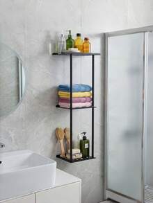 Double-Layer / Triple-Layer Towel Storage Rack, No Need For Drilling For Installation, Equipped With An Upper Storage Compartment And A Lower Hook, Suitable For Bathrooms, Toilets And Other Places,Bathroom Accessories,Room Decor,Bedroom Decor, - Black - View 4