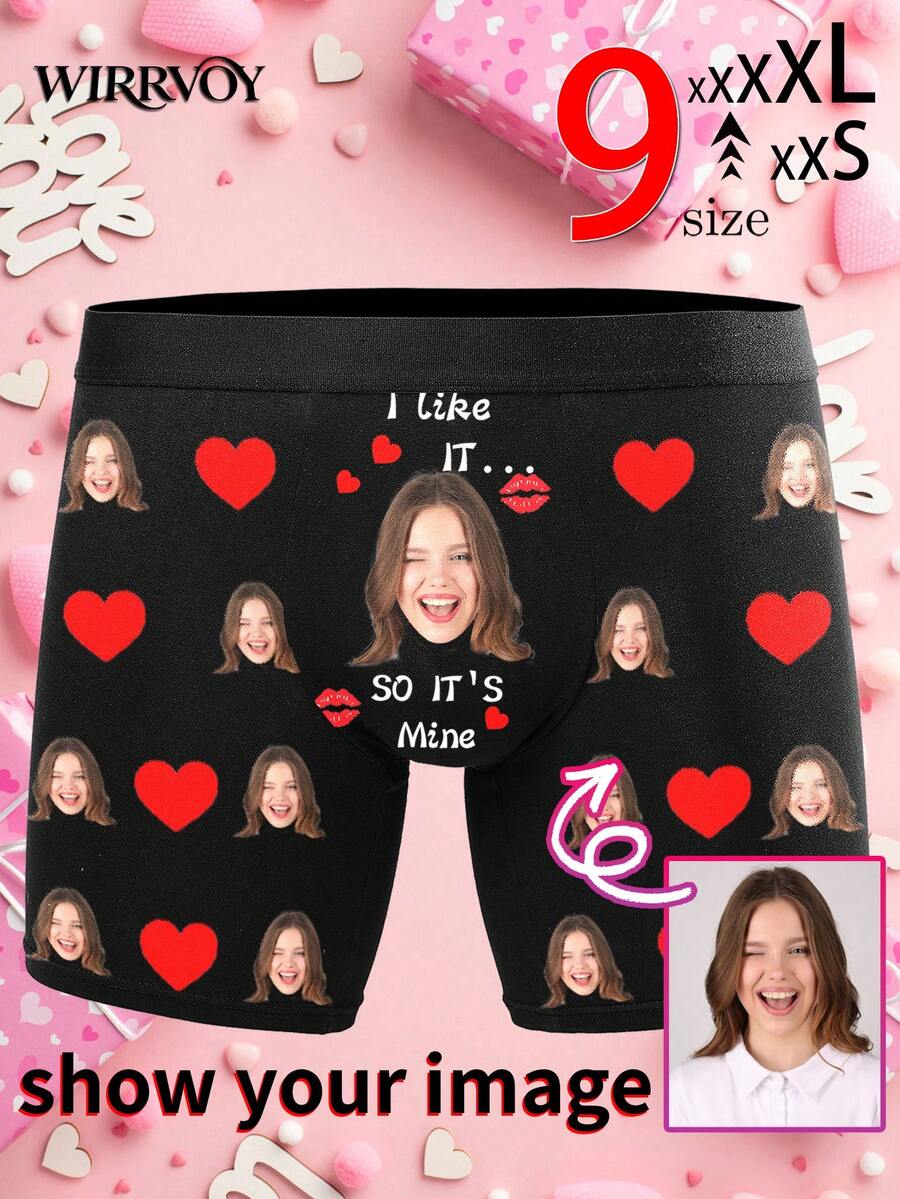1pc Custom Face Boxer Briefs For Men,Personalized Photo Underwear With Red Heart Design,Best Gift For Husband Boyfriend,Perfect Valentine's DayForever - Black - View 1