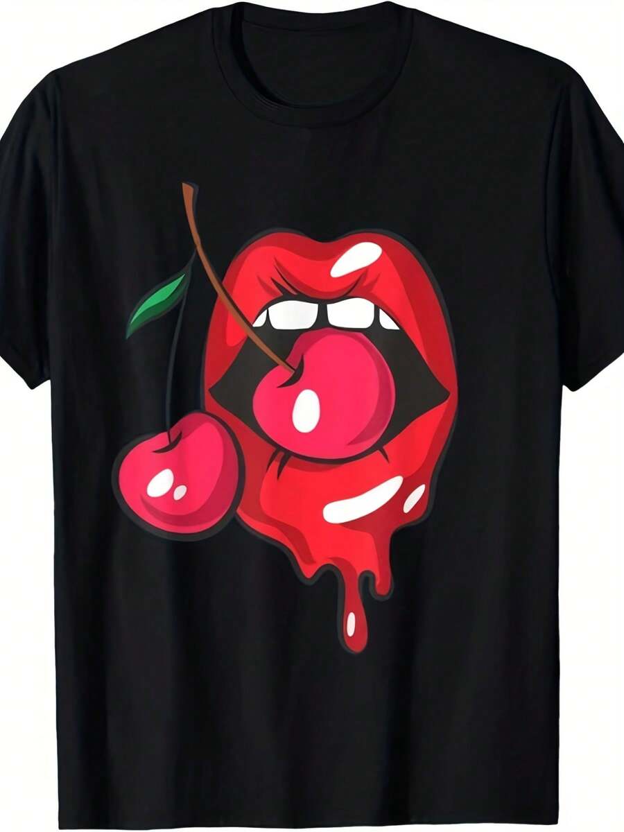 Camiseta Retro para Hombre con Estampado de Cerezas y Labios Rojos - Estampado Brillante, Corte Holgado, Cómoda para Todas las Temporadas, Lavable a Máquina, Casual, Regalo Creativ - Negro - Ver 1